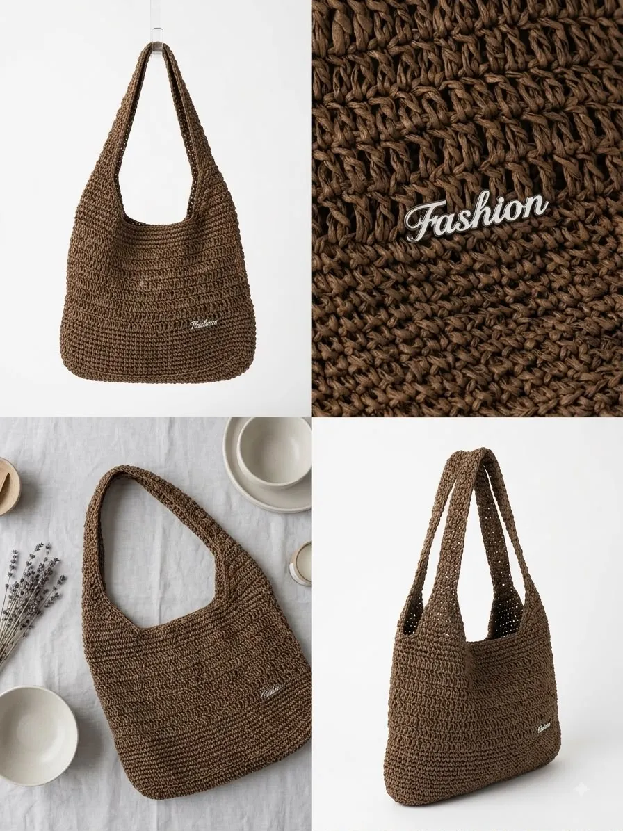 Minimalist Chocolate Brown Hobo Bag | Metal Logolu Özel Örgü Omuz Çantası